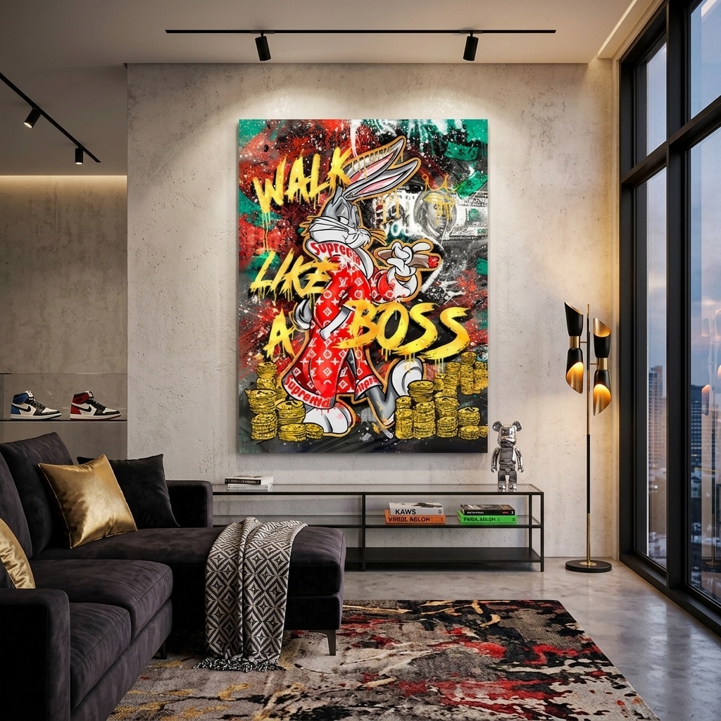 Bunny with a cigar against a backdrop of dollars and gold coins Canvas Wall Art Print