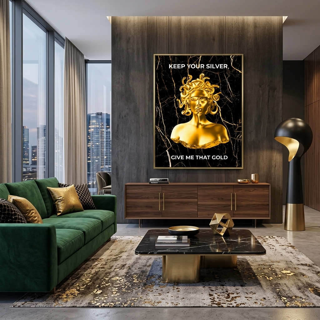 Gorgon Medusa with gold color and inscription Canvas Wall Art Print