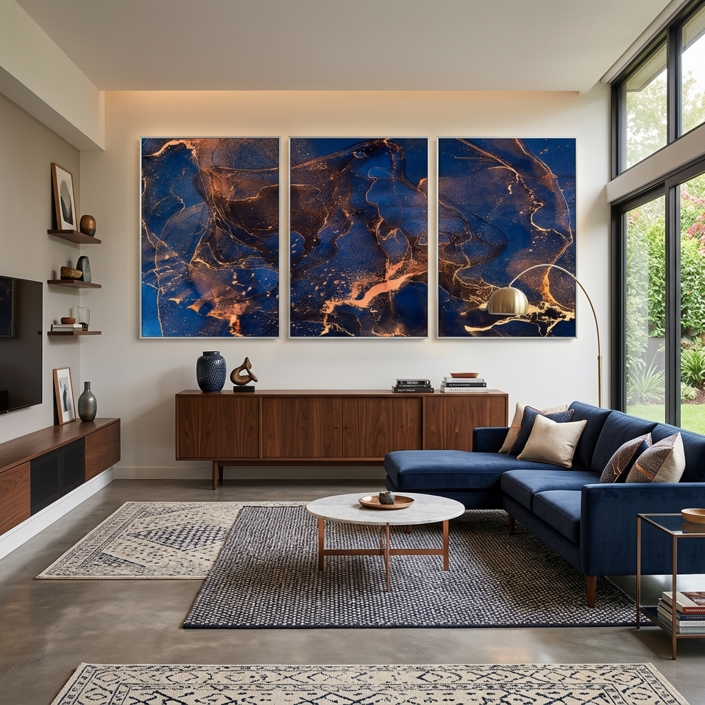 Modular abstract navy and gold Multi Panel Canvas Wall Art Print