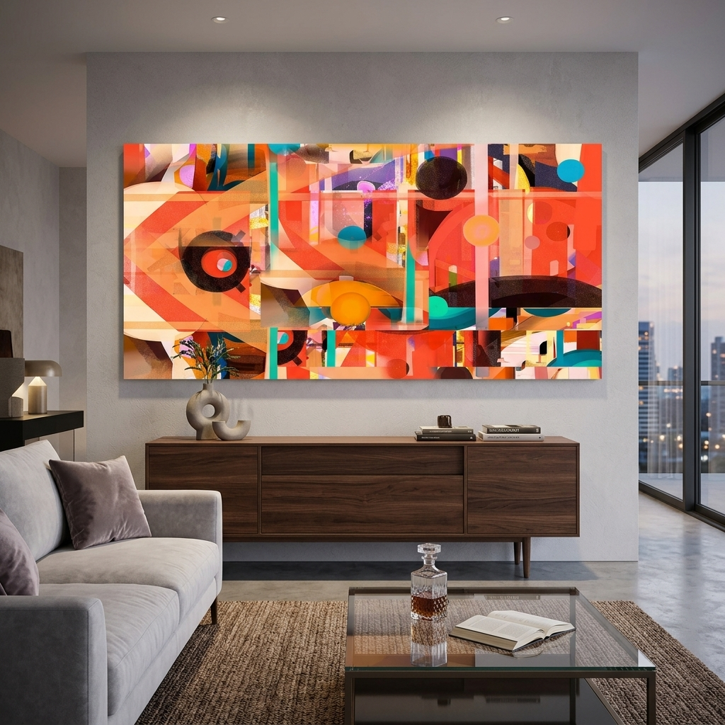 Geometric abstraction in red black and yellow colors Abstraction Canvas Wall Art Print