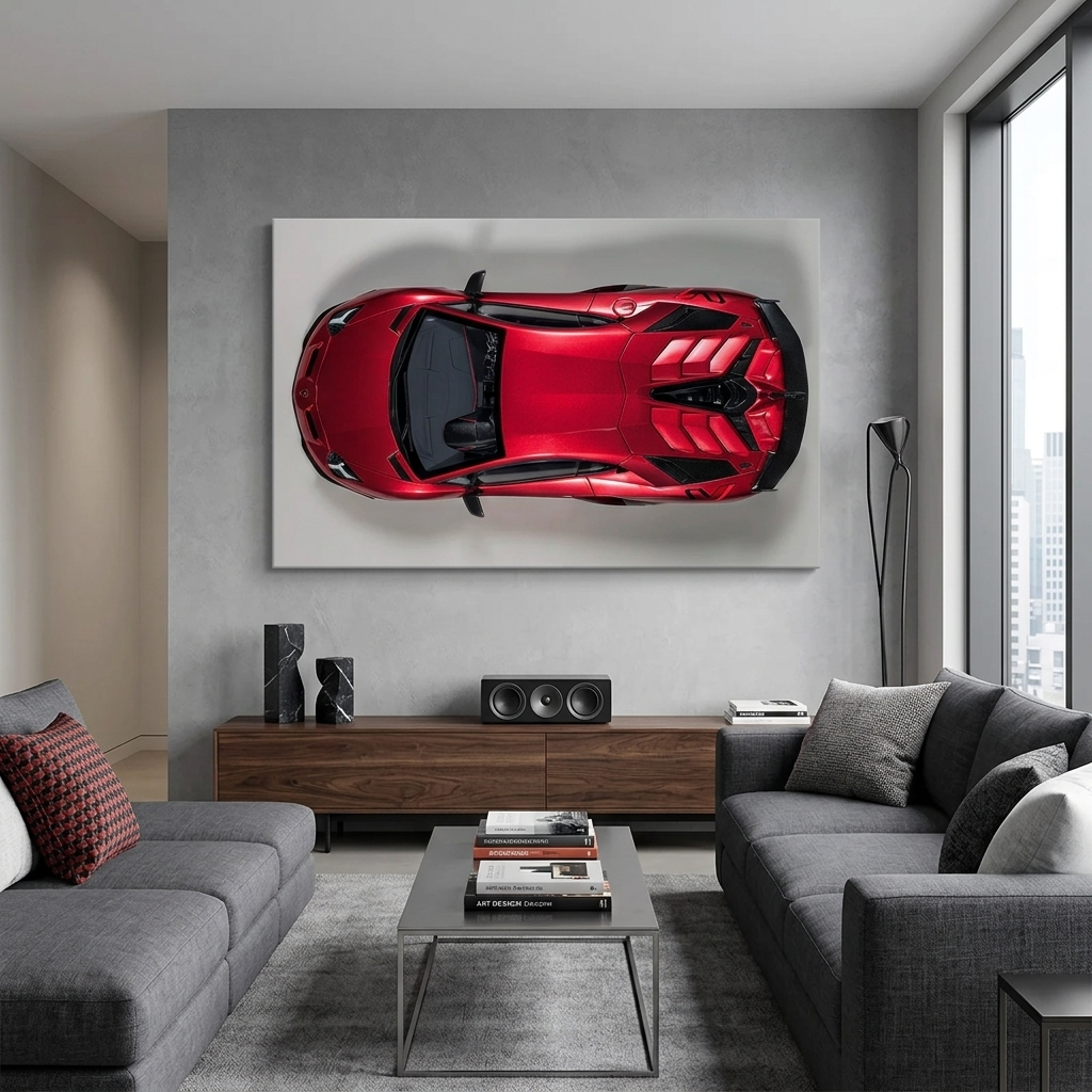 The car is a cherry red Lamborghini  Canvas Wall Art Print