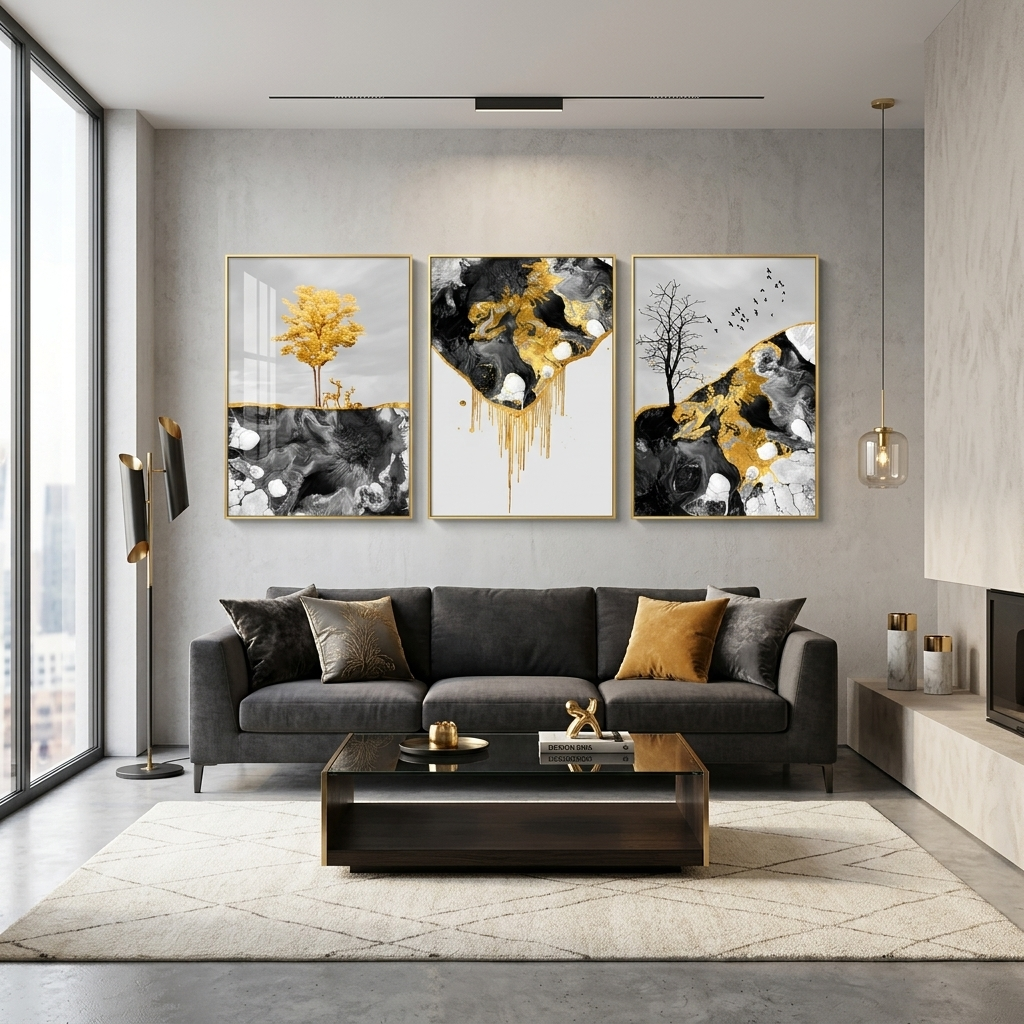 Modular abstract in dark shades with golden color Multi Panel Canvas Wall Art Print