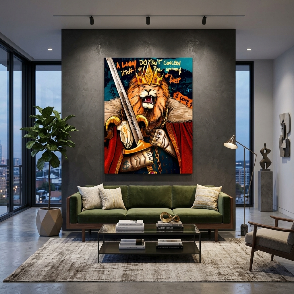 A lion man with a crown and a sword in his hands Motivational Canvas Wall Art Print