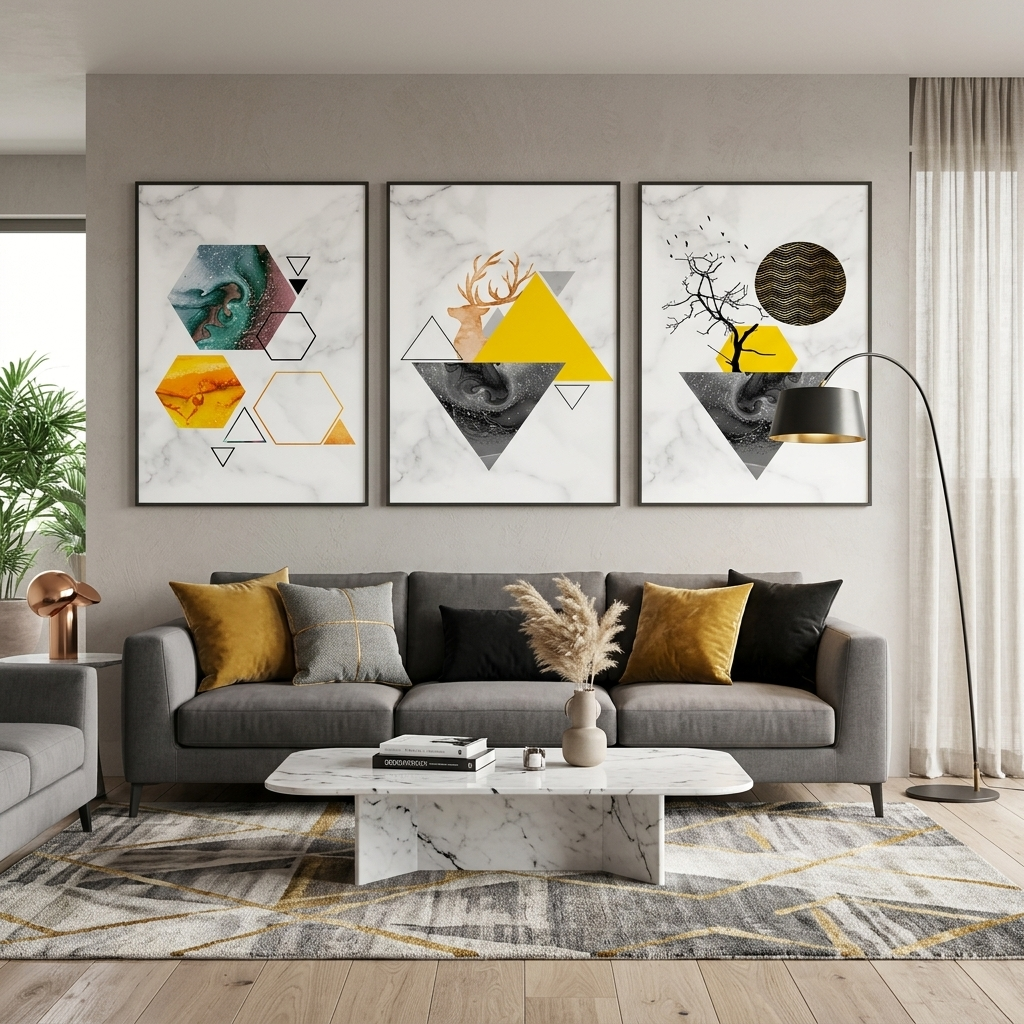 Modular yellow and gray geometric abstraction Multi Panel Canvas Wall Art Print