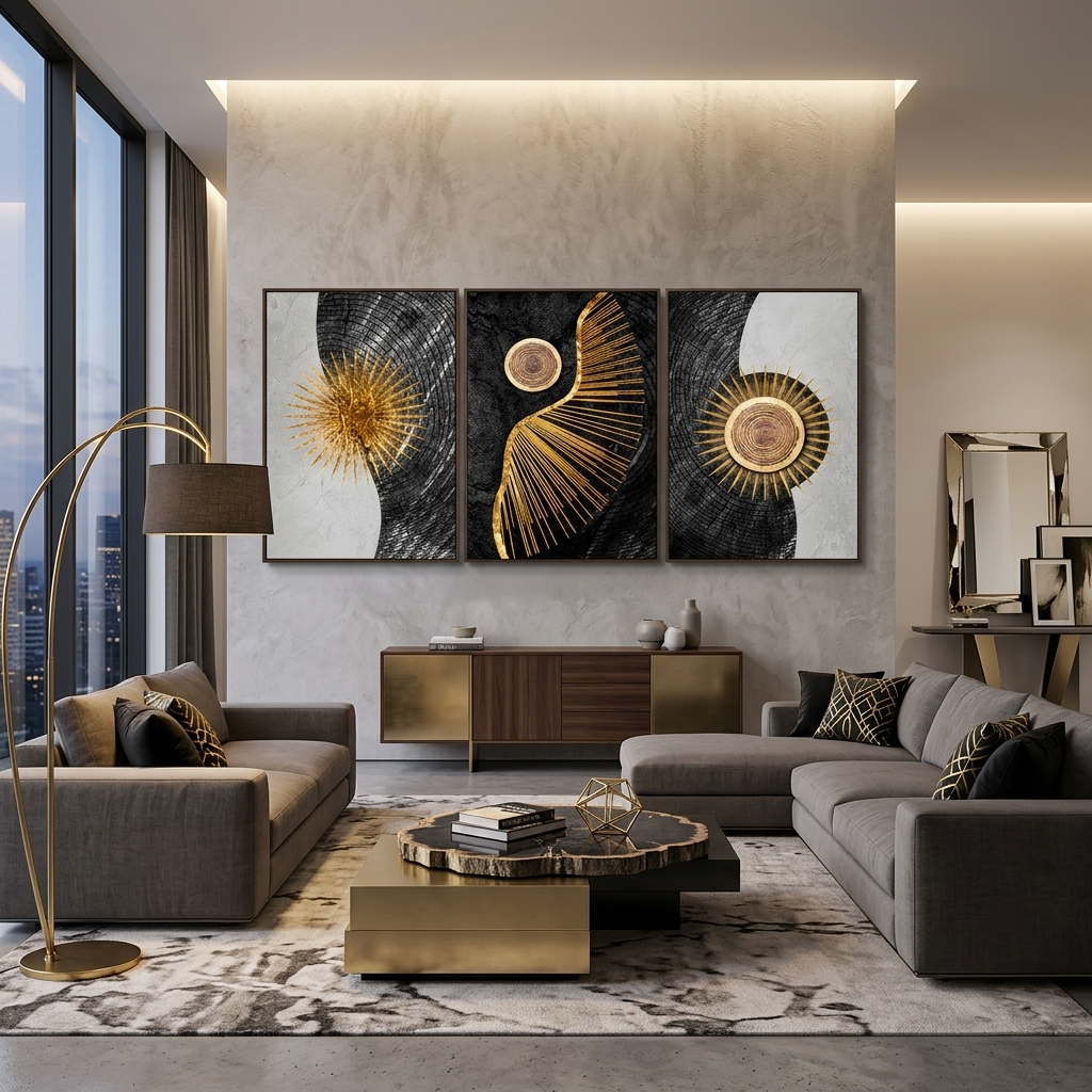 Modular geometric abstraction on a white and gray background Multi Panel Canvas Wall Art Print