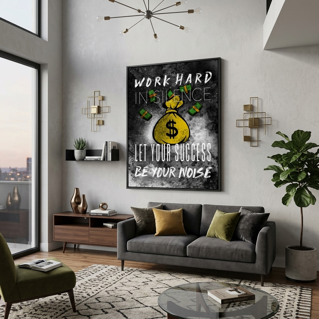 For motivation Bag of money Work hard in silence Motivational Canvas Wall Art Print