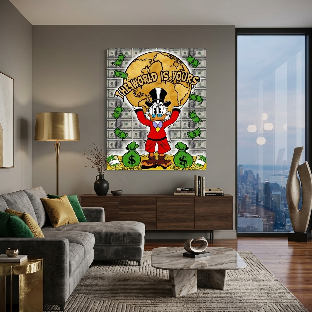 Scrooge is holding up the planet, standing on gold coins that say THE WORLD IS YOURS. Inspirational Canvas Wall Art Print