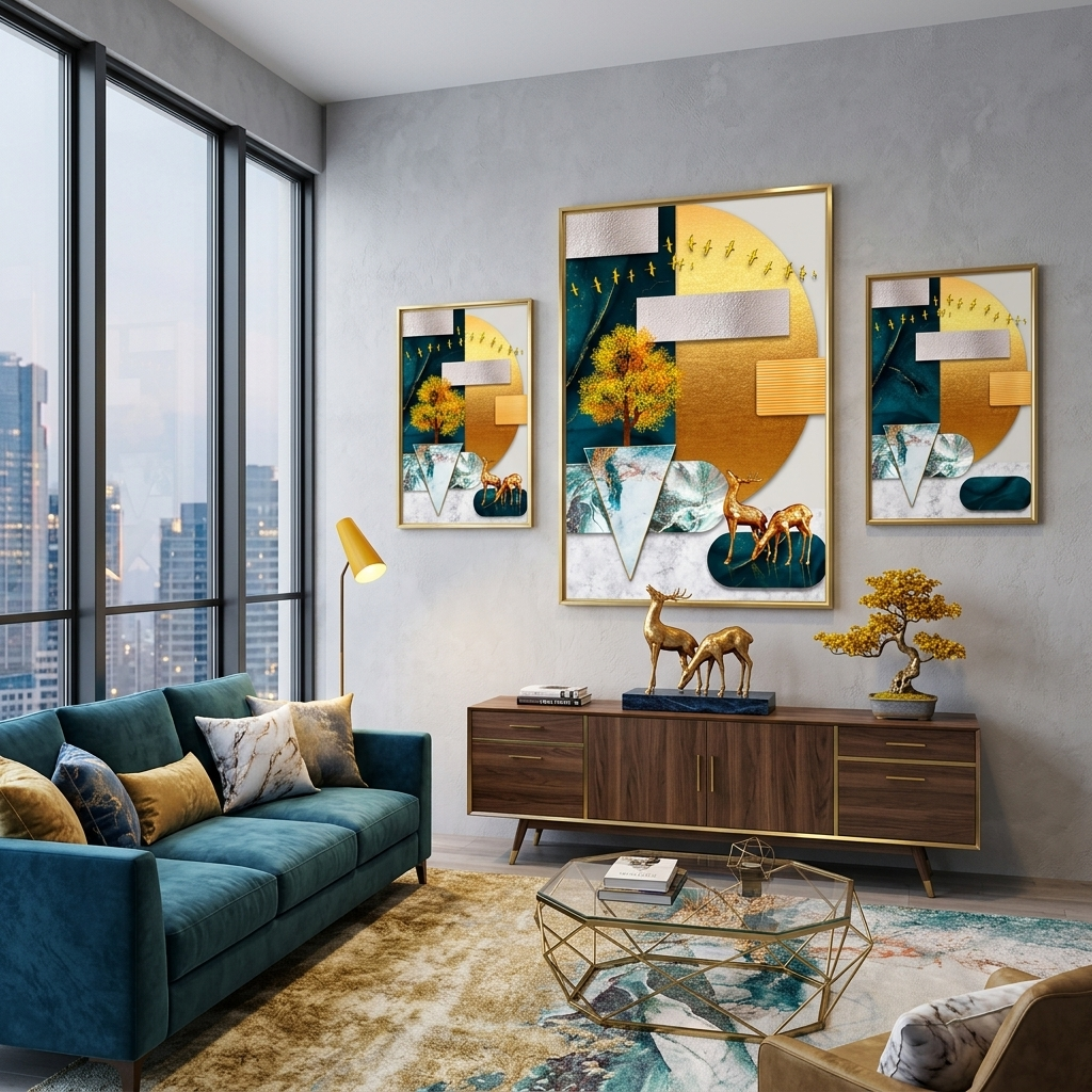 Geometric abstract two golden deer on the background of golden moon Abstraction Canvas Wall Art Print