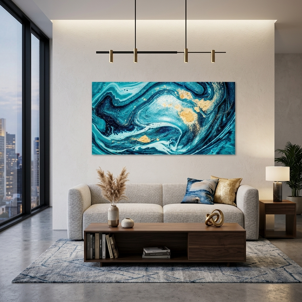 Turquoise abstract with gold spots Abstraction Canvas Wall Art Print