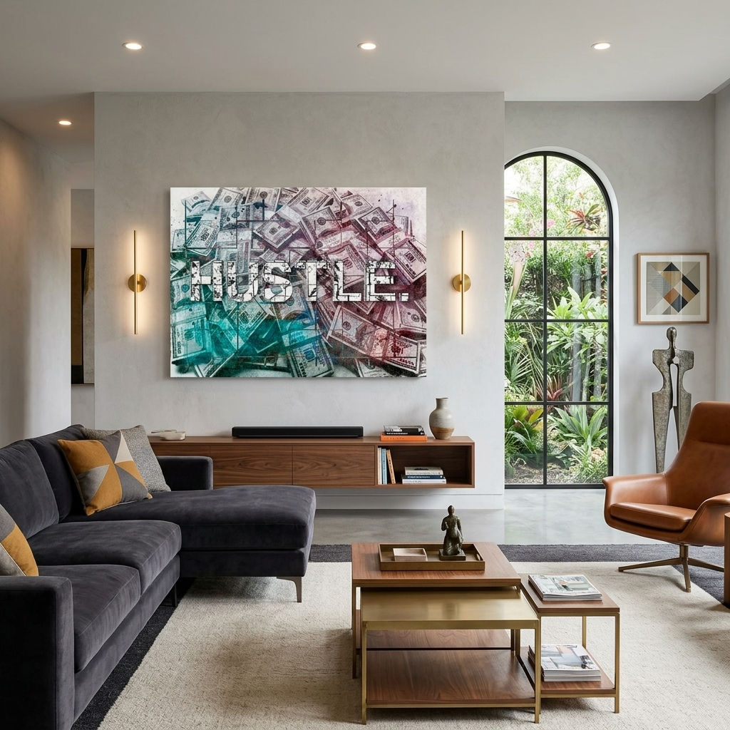 HASTLE. against the backdrop of dollars. Inspirational Canvas Wall Art Print