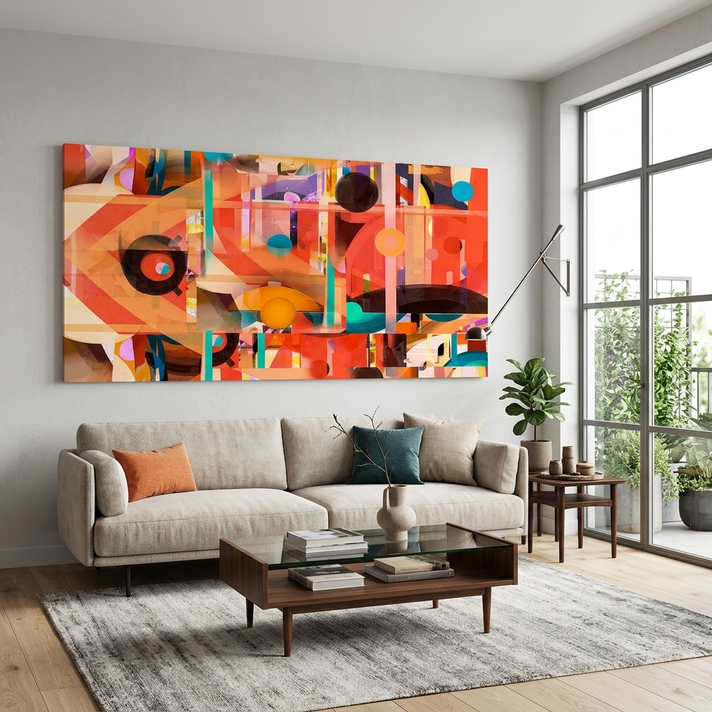 Geometric abstraction in red black and yellow colors Abstraction Canvas Wall Art Print