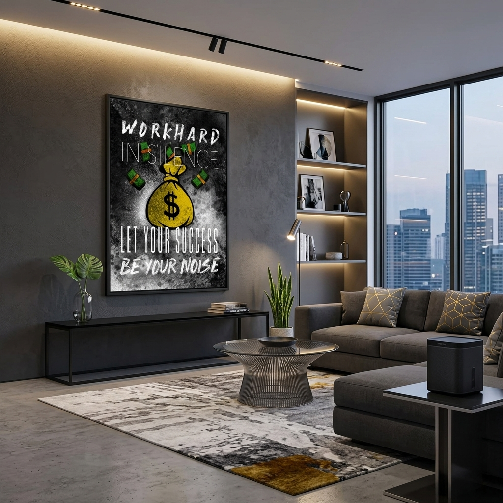 For motivation Bag of money Work hard in silence Motivational Canvas Wall Art Print
