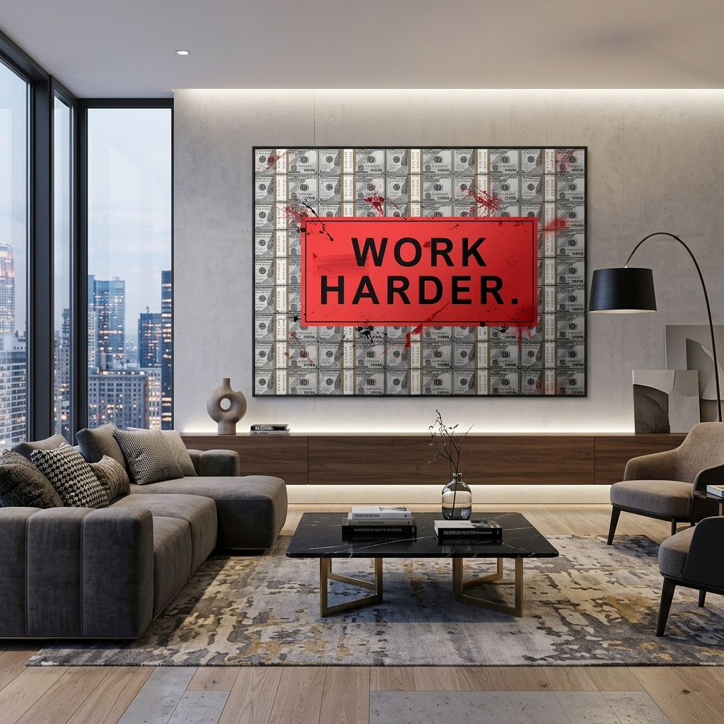 WORK HARDER against the backdrop of dollars.Motivational Canvas Wall Art Print