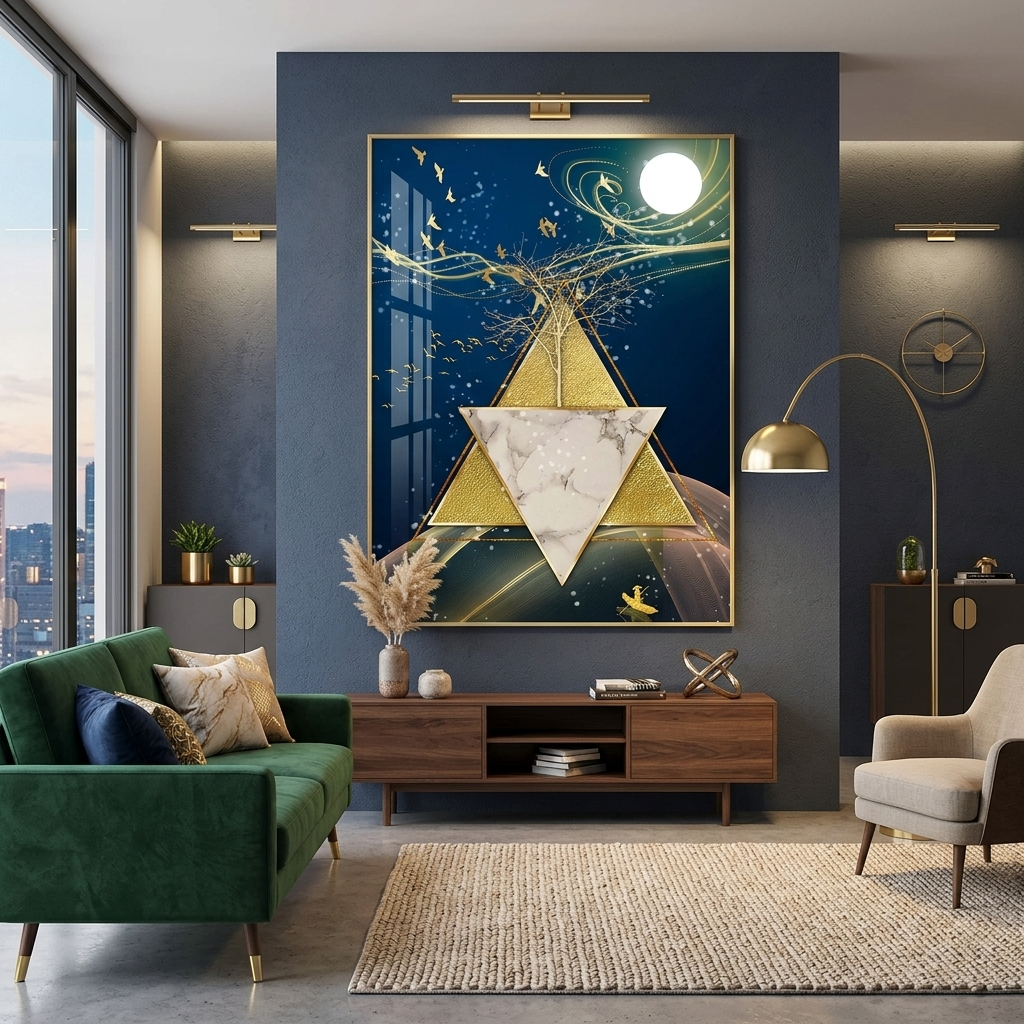 Geometric abstraction in blue gold and white colors Abstraction Canvas Wall Art Print