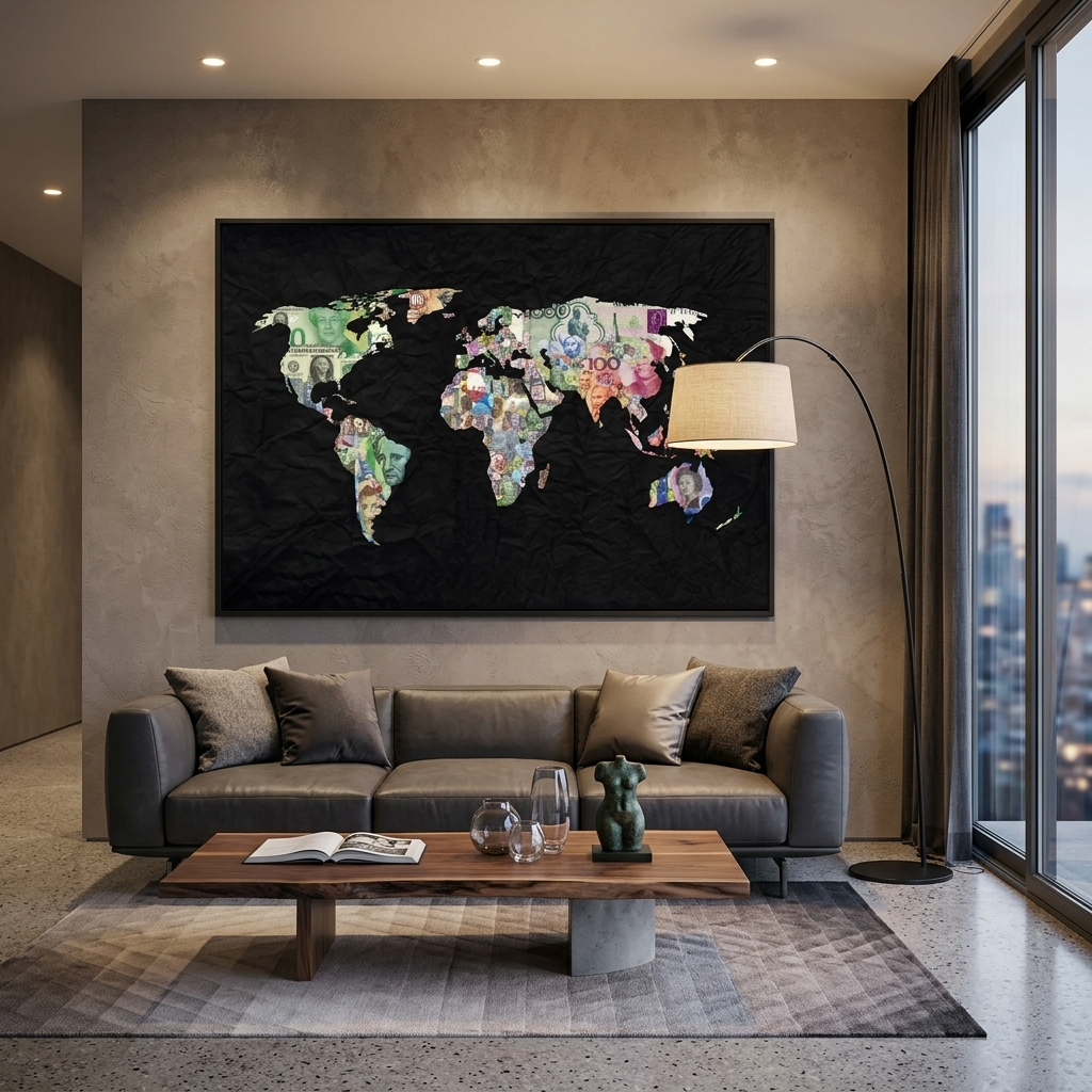 World map with money on black background Canvas Wall Art Print