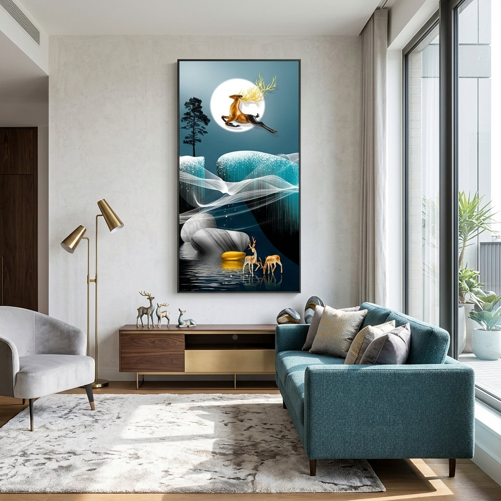 Three deer, moon and tree Abstraction Canvas Wall Art Print