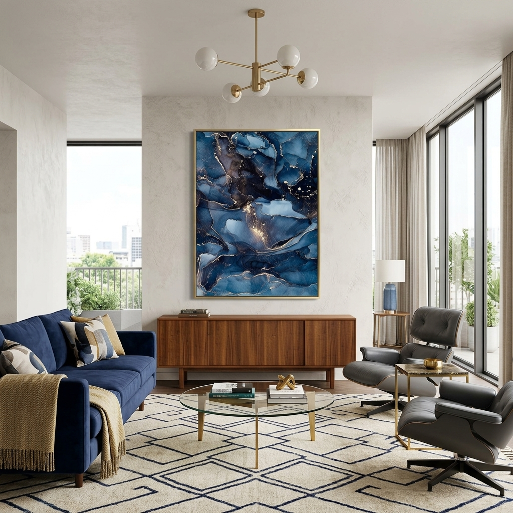 Navy-blue abstract with gold Abstraction Canvas Wall Art Print