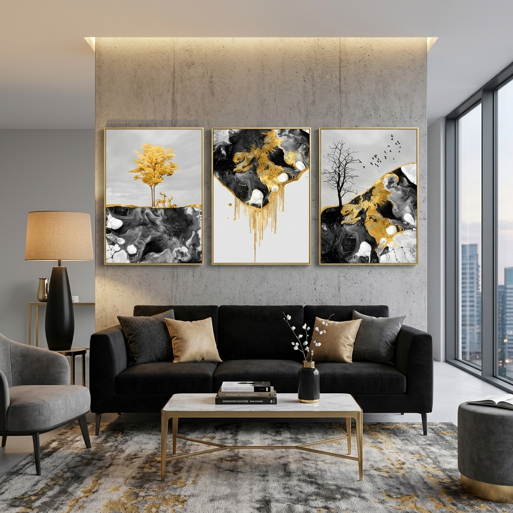 Modular abstract in dark shades with golden color Multi Panel Canvas Wall Art Print