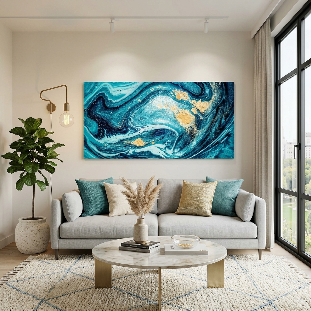 Turquoise abstract with gold spots Abstraction Canvas Wall Art Print
