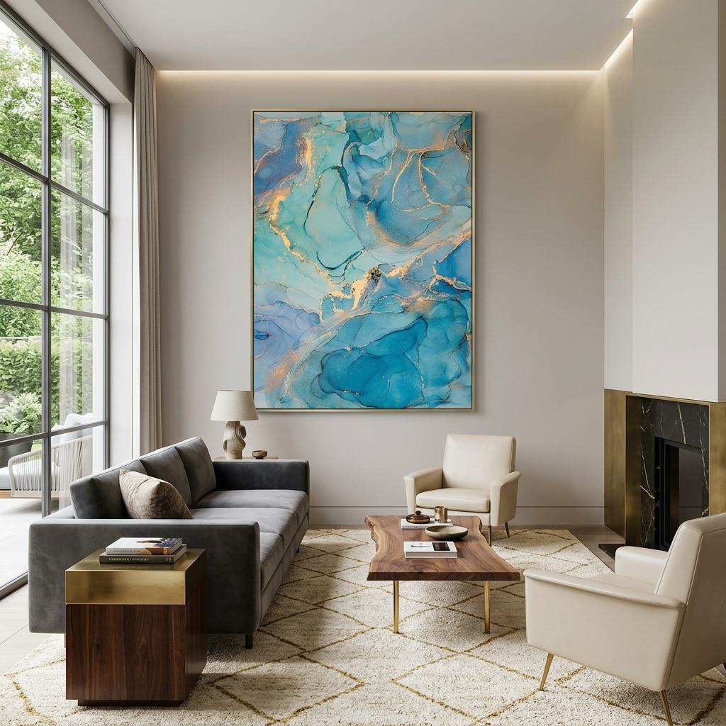 Turquoise abstract with gold elements Abstraction Canvas Wall Art Print