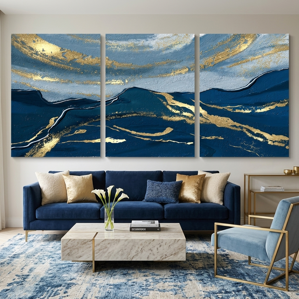 Modular deep blue-blue abstract Multi Panel Canvas Wall Art Print
