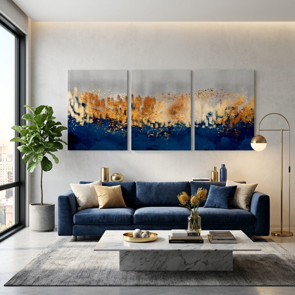 Modular gray-gold abstract with blue elements Multi Panel Canvas Wall Art Print