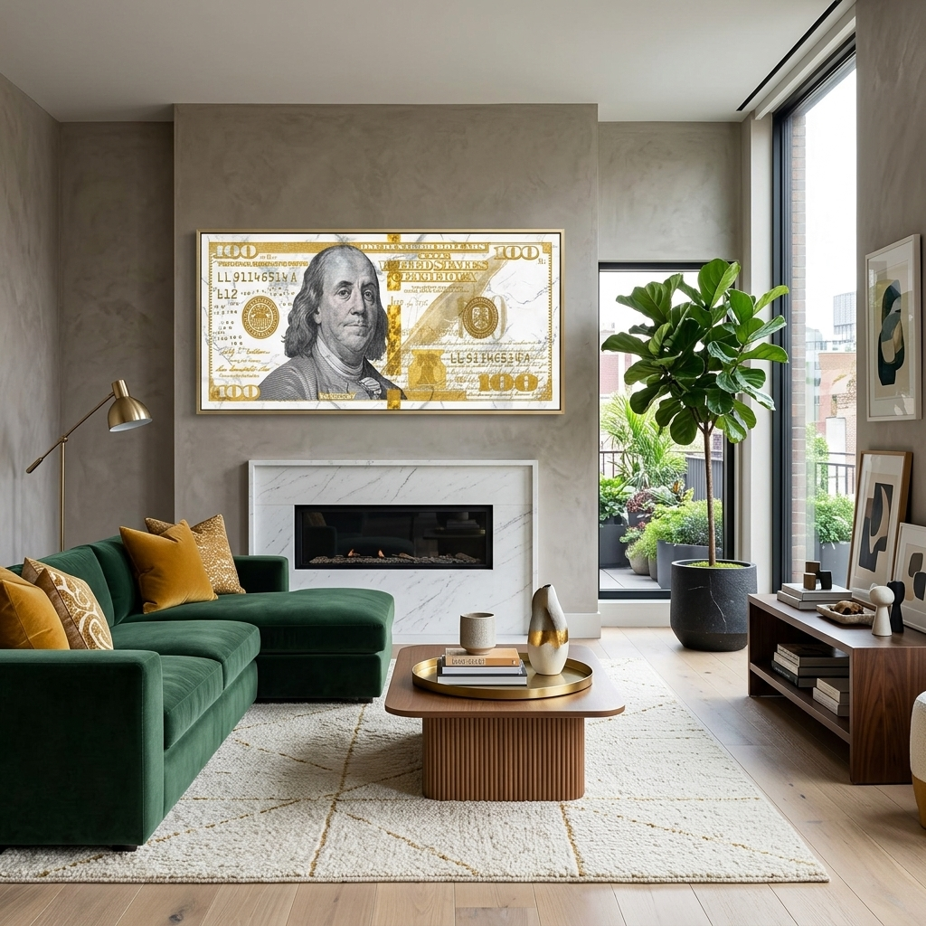 100 dollars white and yellow, black portrait Inspirational Canvas Wall Art Print