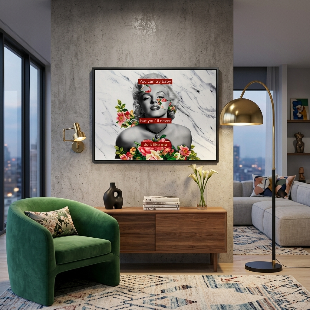 Merlin Monroe with flowers on white and gray background with inscription Inspirational Canvas Wall Art Print