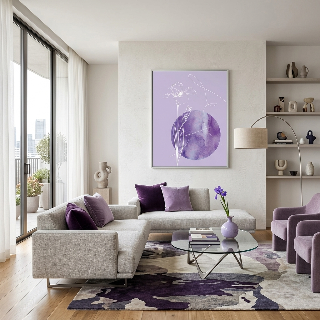 White lines on a soft purple background Abstraction Canvas Wall Art Print
