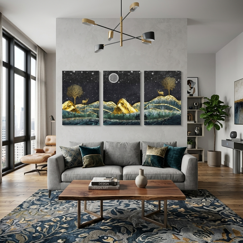 Multi Panel Canvas Wall Art Print Golden deer on the background of the starry sky