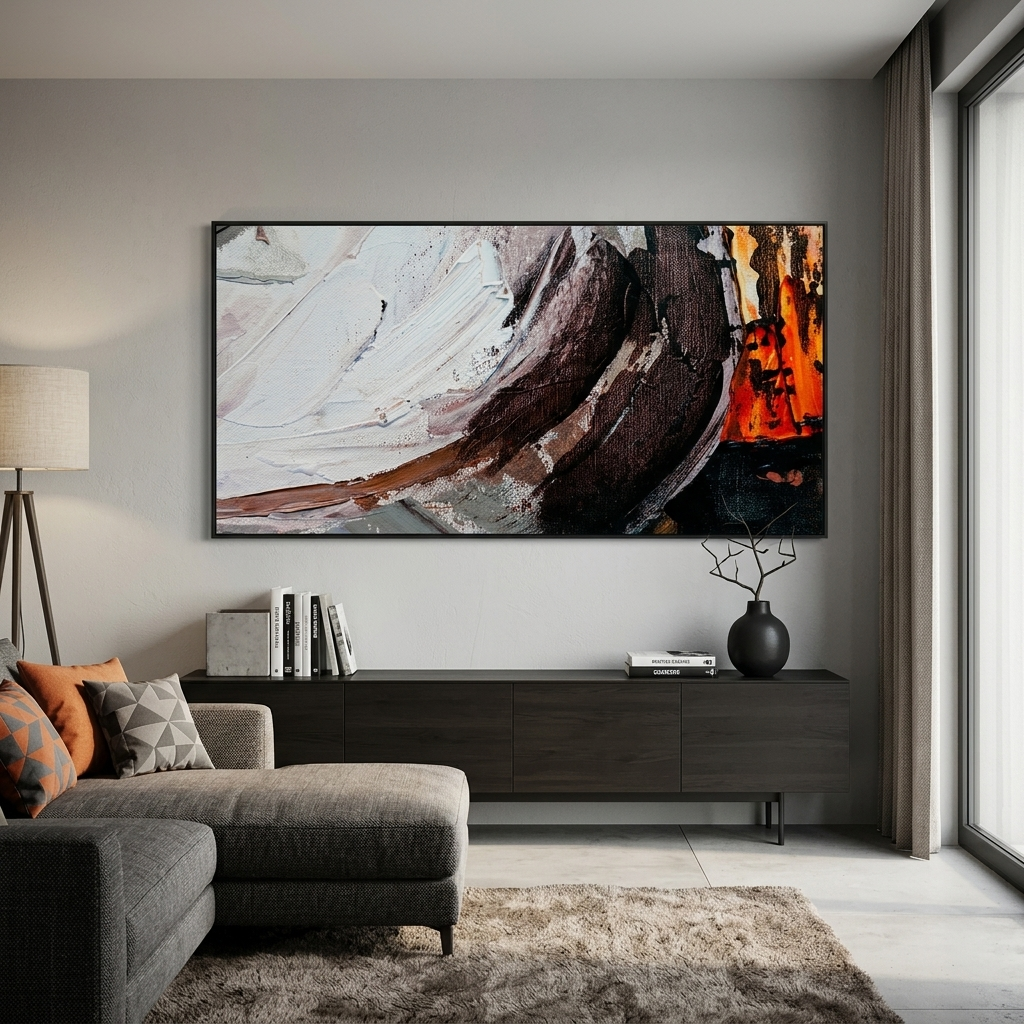 Horizontal abstract in orange, black brown and white colors Abstraction Canvas Wall Art Print