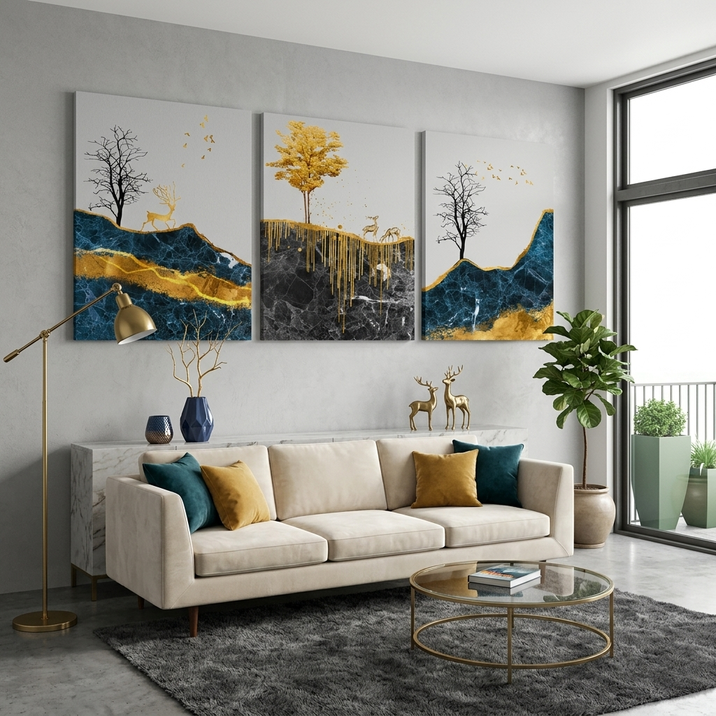 Modular abstract deer walk with pronounced golden color Multi Panel Canvas Wall Art Print