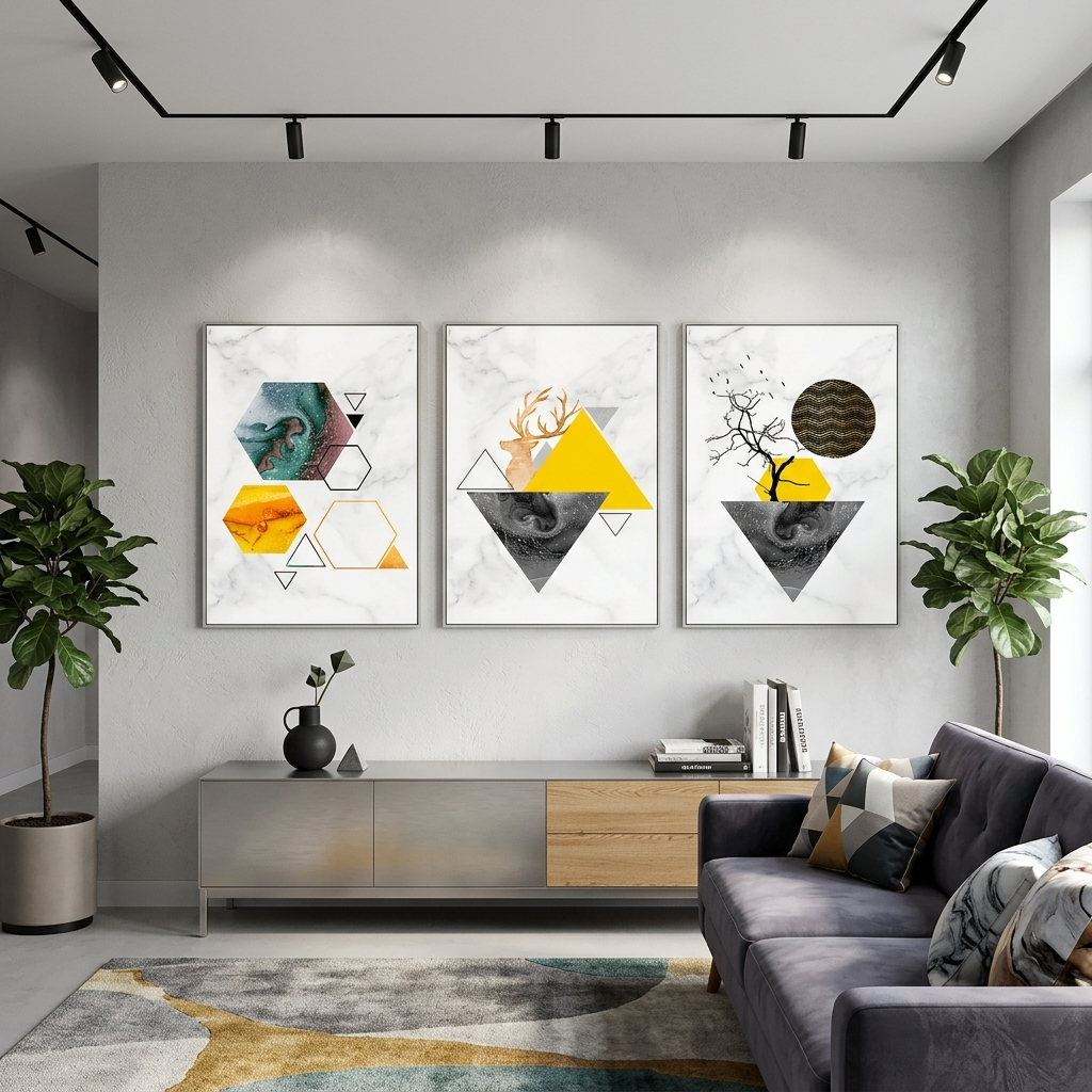 Modular yellow and gray geometric abstraction Multi Panel Canvas Wall Art Print