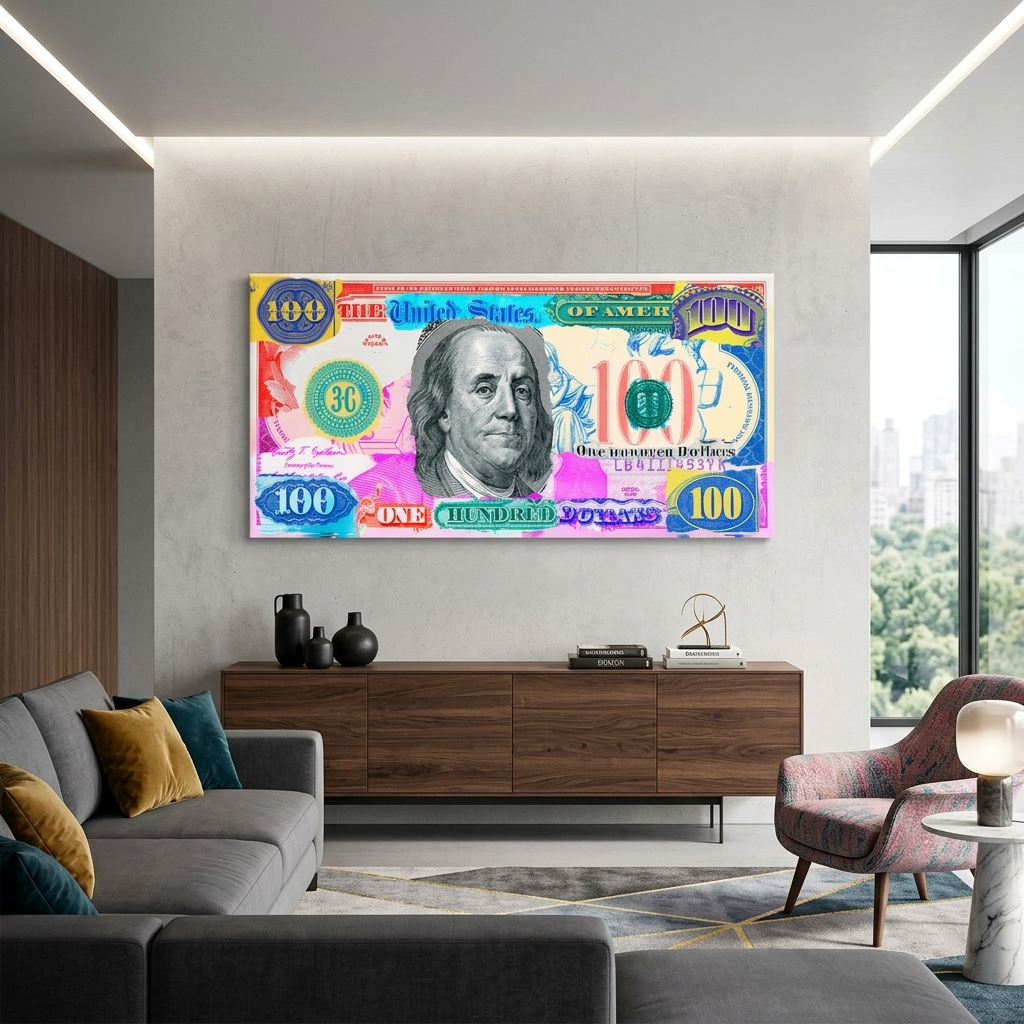 A multi-colored hundred dollar bill Inspirational Canvas Wall Art Print