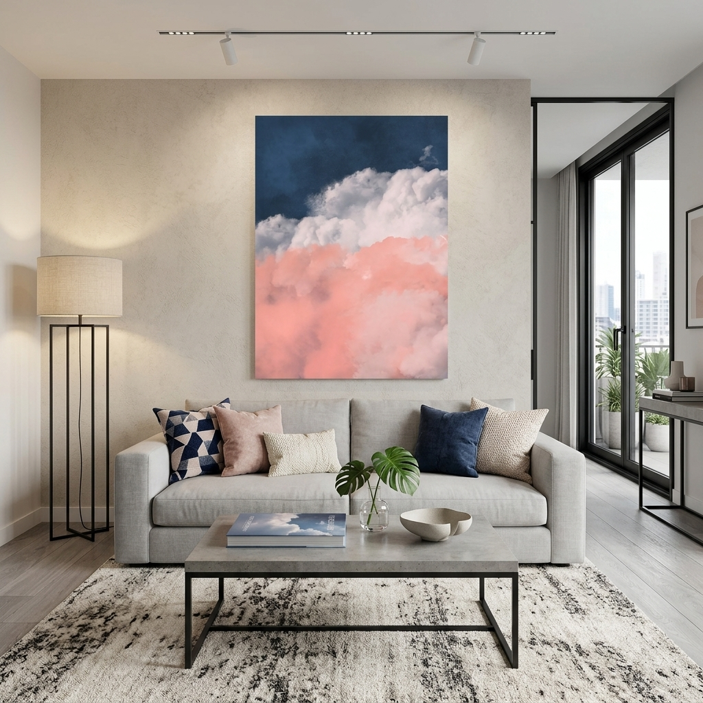 Pink-gray clouds on a blue background Canvas Wall Art Print