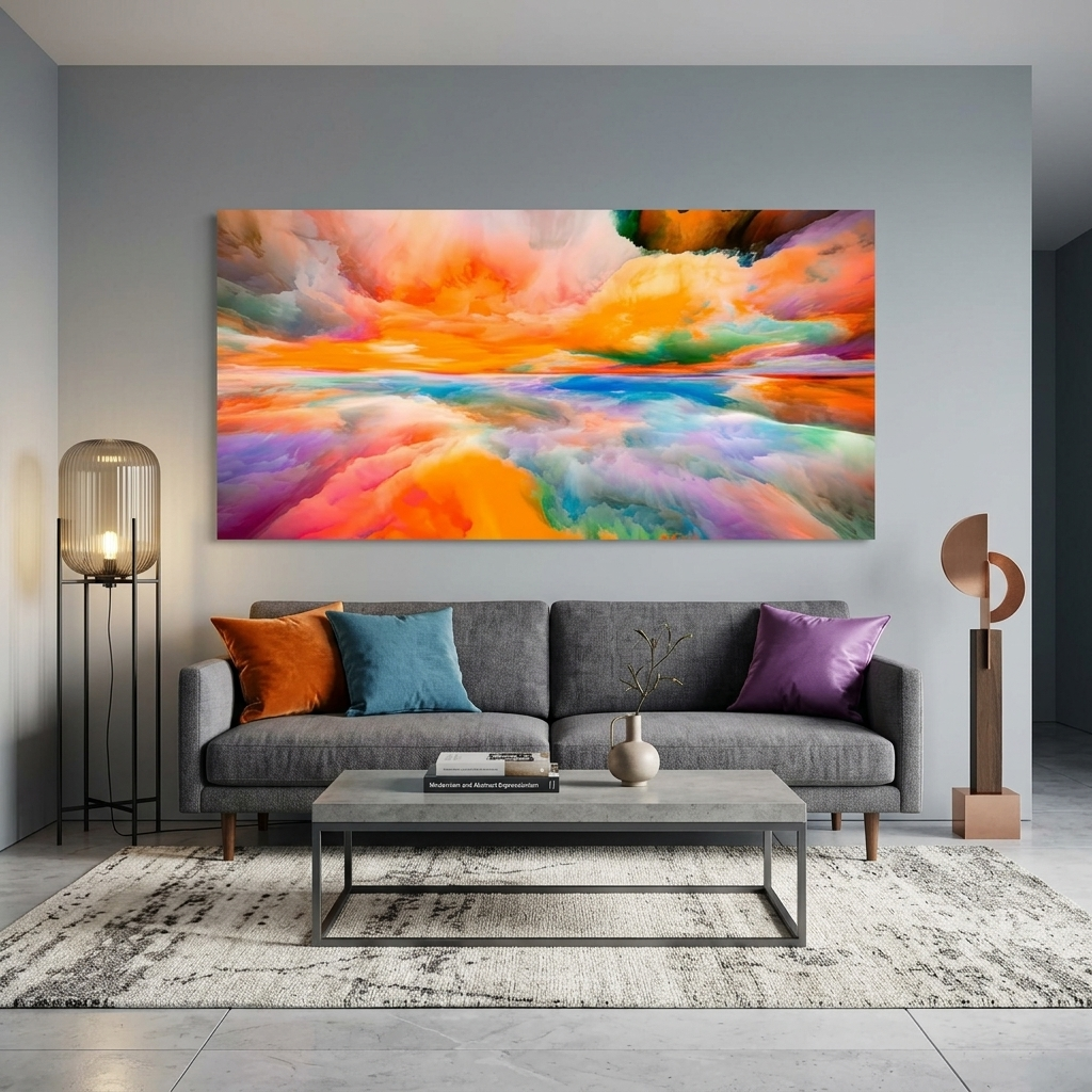 Rainbow abstraction with a central orange color Abstraction Canvas Wall Art Print