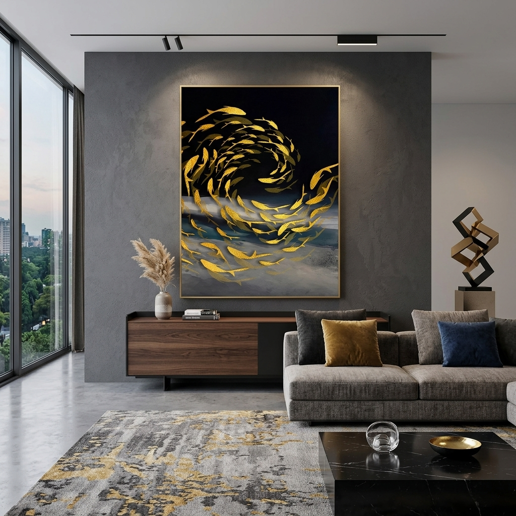 Fish in the color gold Abstraction Canvas Wall Art Print