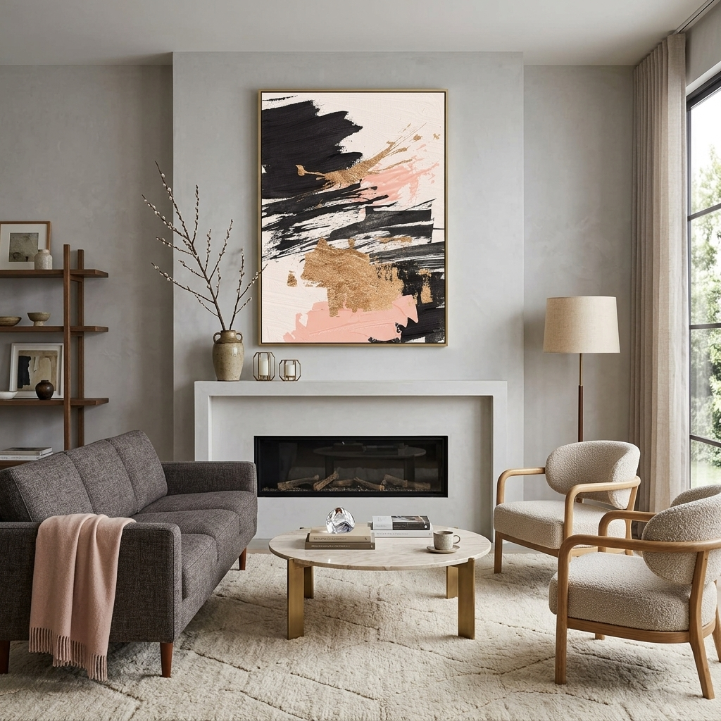 Strokes of black and pink tones with goldAbstraction Canvas Wall Art Print