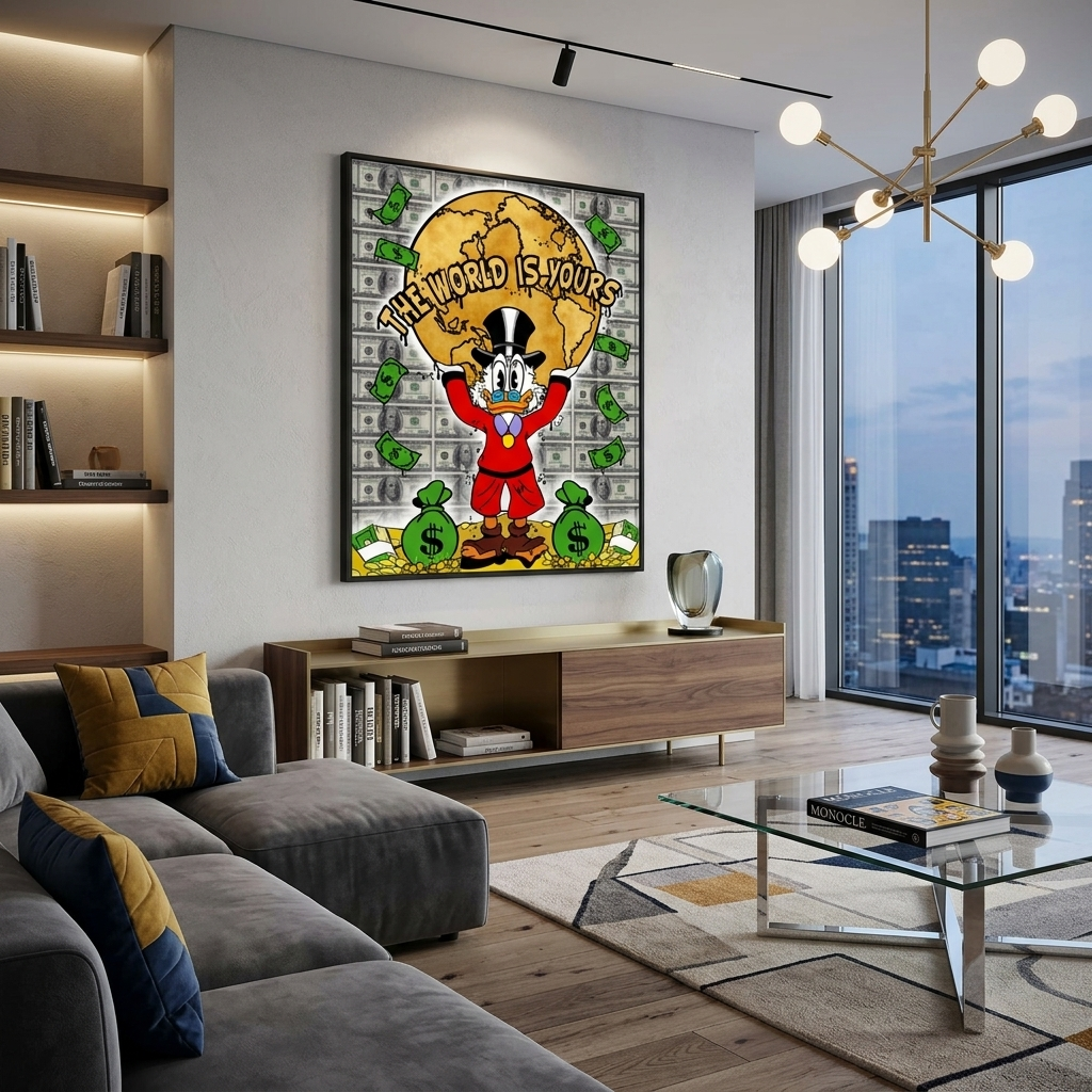 Scrooge is holding up the planet, standing on gold coins that say THE WORLD IS YOURS. Inspirational Canvas Wall Art Print