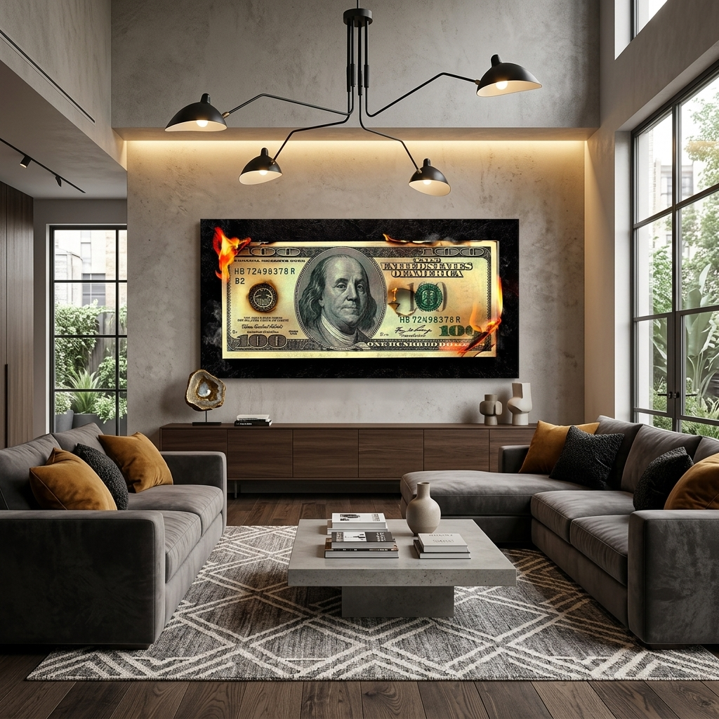 Burning money 100 dollars Inspirational Canvas Wall Art Print