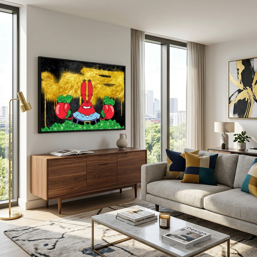 Mr. Krabs in a pile of money on a black and gold background Inspirational Canvas Wall Art Print