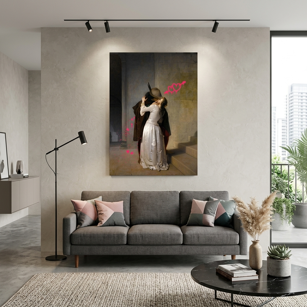 Canvas Wall Art Print Kiss by F. Ayets with pink hearts