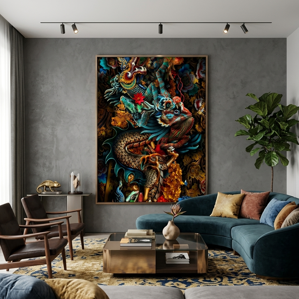 Interior The chameleon and the dragon Canvas Wall Art Print