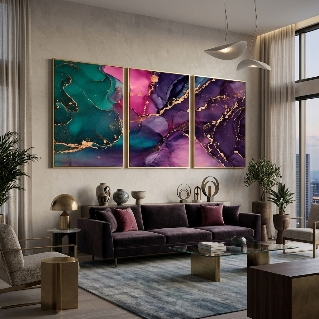 Modular purple and green abstract Multi Panel Canvas Wall Art Print