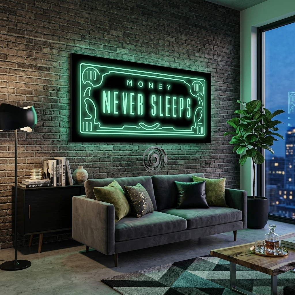 Dollar Money never sleeps Inspirational Canvas Wall Art Print