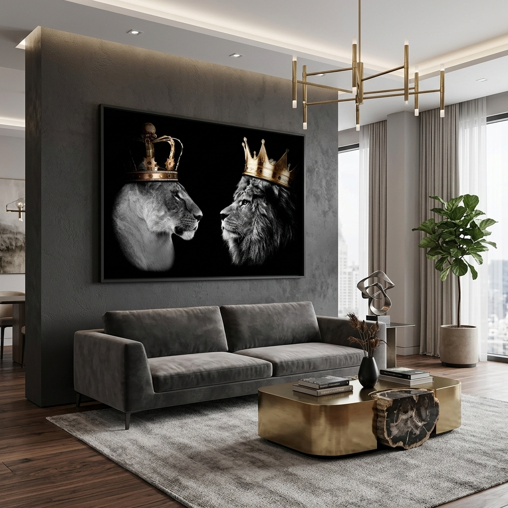 Lion king and lion queen on a black background Motivational Canvas Wall Art Print