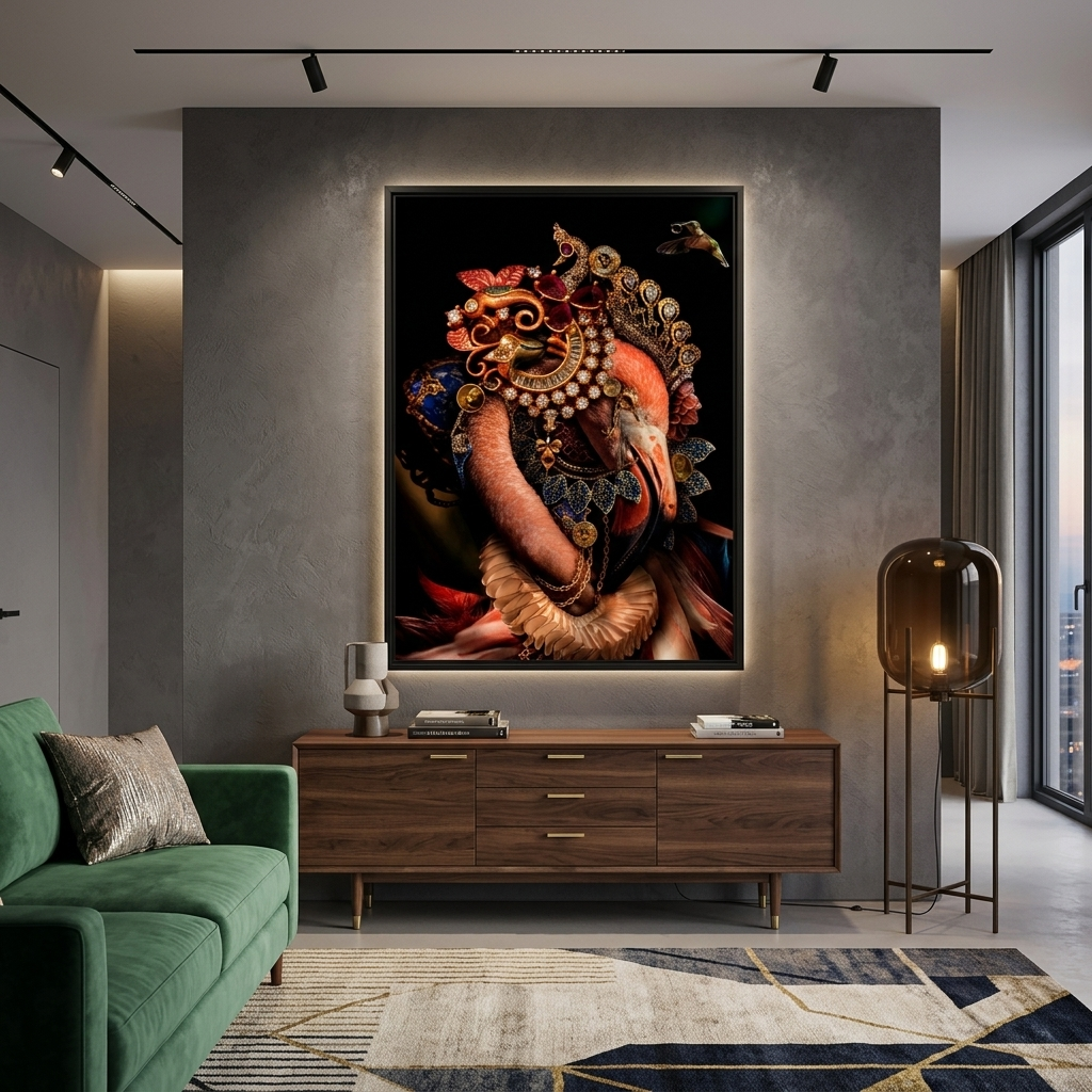 Interior Pink flamingo and Bitcoin and Ethereum coins Canvas Wall Art Print
