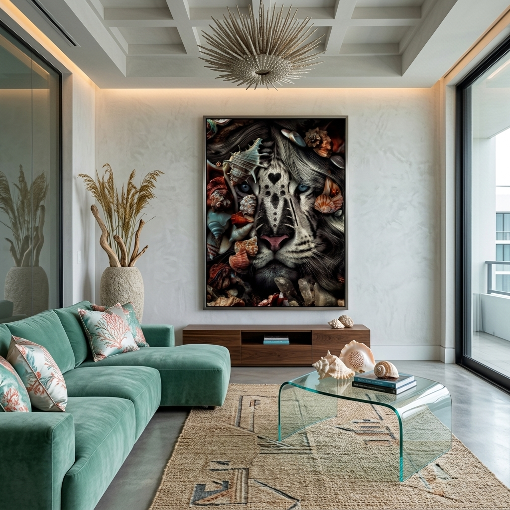 Interior White tiger and seashells Canvas Wall Art Print