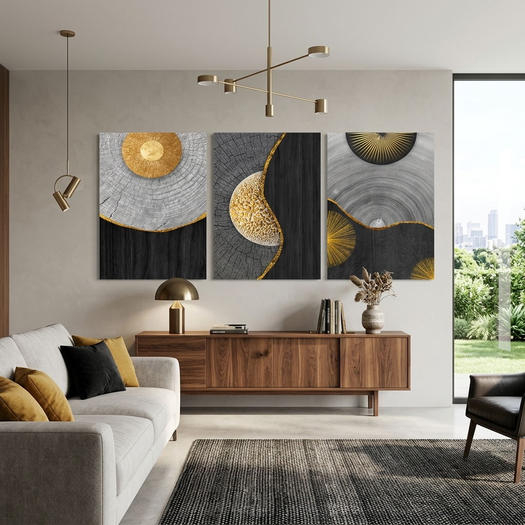 Modular of three-piece black and gray wood Multi Panel Canvas Wall Art Print