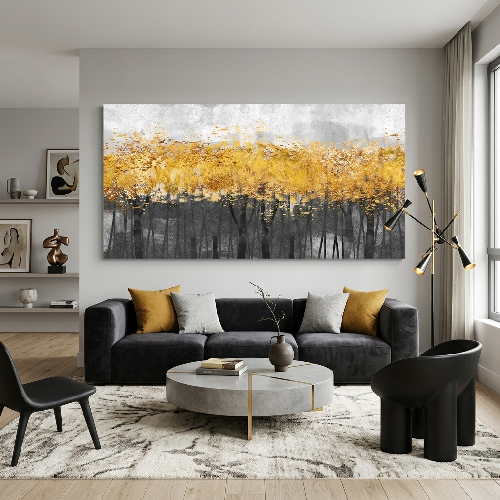 Dark forest of trees with golden leaves Canvas Wall Art Print
